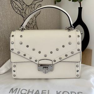 Michael Kors Kinsley Studded White Leather Flap Shoulder Bag